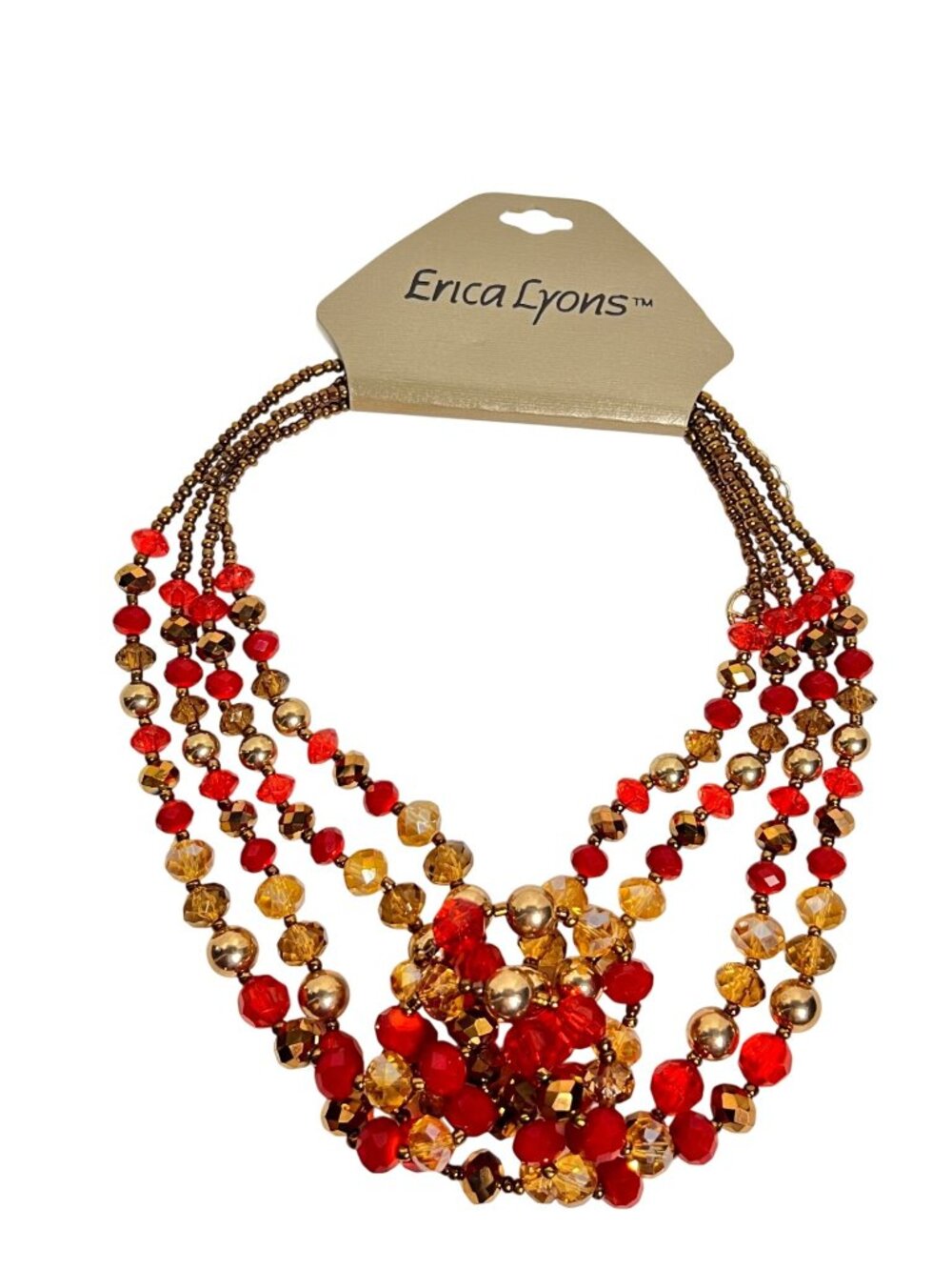 Erica Lyons Gold Tone Red And Champaign Beaded Necklace (6309) - Picture 5 of 6